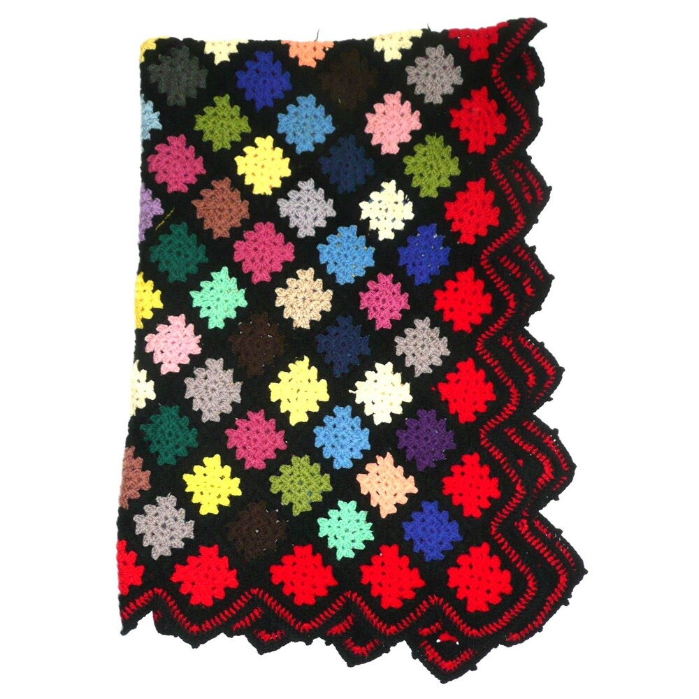 VTG Granny Square Black Colorful Afghan Crochet Throw Blanket Rosanne Diamond